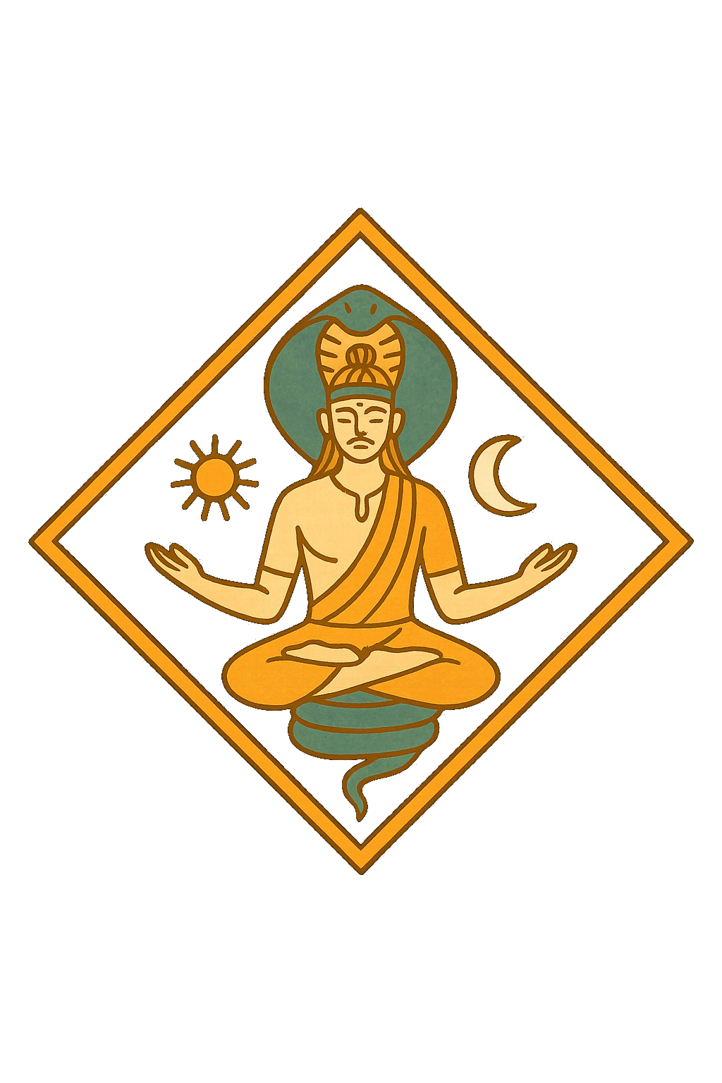 Illustrated yogi in meditation — sun, moon, and serpent